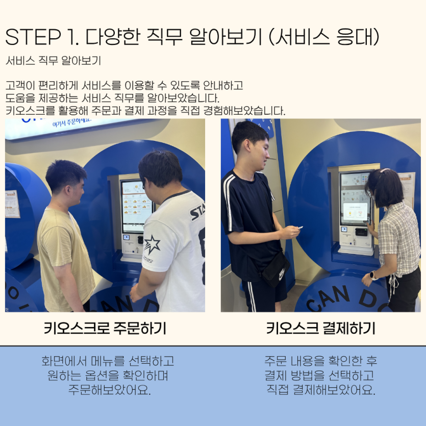 STEP 1. 다양한 직무 알아보기 (서비스 응대) 서비스 직무 알아보기 고객이 편리하게 서비스를 이용할 수 있도록 안내하고  도움을 제공하는 서비스 직무를 알아보았습니다.  키오스크를 활용해 주문과 결제 과정을 직접 경험해보았습니다. /키오스크로 주문하기 화면에서 메뉴를 선택하고 원하는 옵션을 확인하며  주문해보았어요. 키오스크 결제하기 주문 내용을 확인한 후 결제 방법을 선택하고  직접 결제해보았어요.