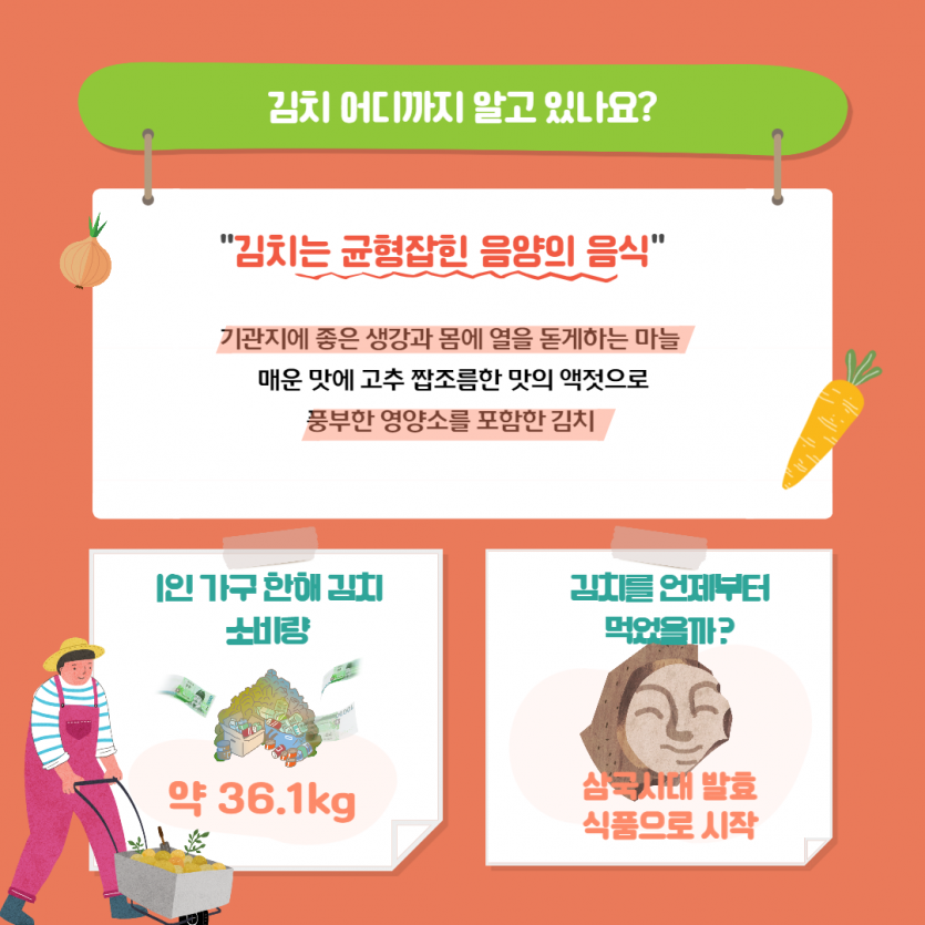 김치 어디까지 알고 있나요? 김치는 균형잡힌 음양의 음식 기관지에 좋은 생강과 몸에 열을 돋게 하는 마늘 매운맛에 고추 짭조름한 맛의 액젓으로 풍부한 영양소를 포함한 김치  1인가구 한해 김치 소비량 약 36.1kg 김치를 언제부터 먹었을까? 삼국시대 발효식품으로 시작