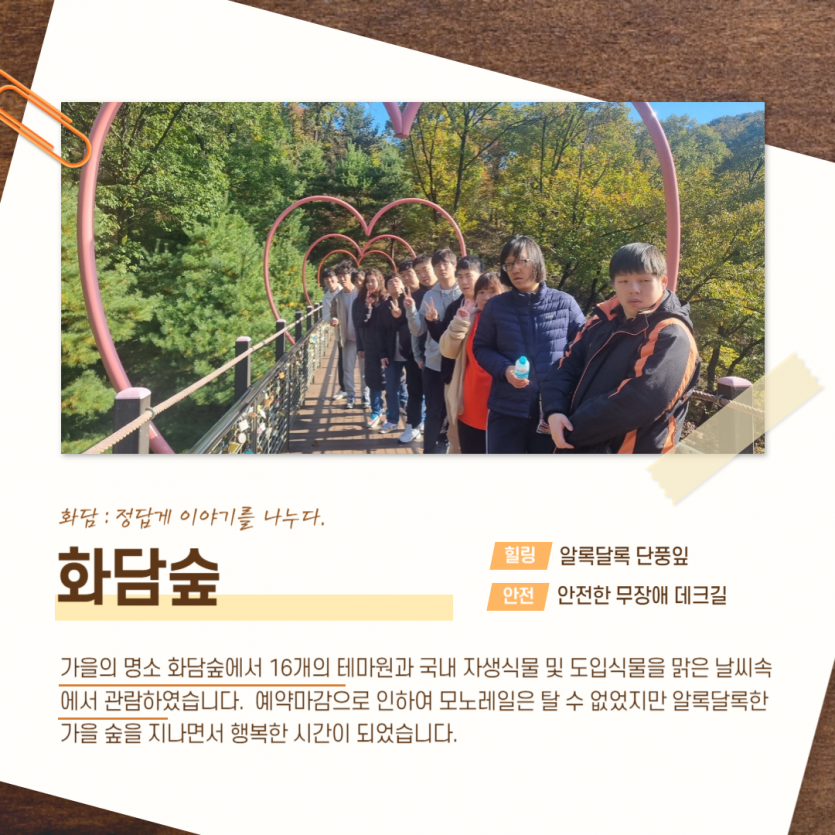 화담 : 정답게 이야기를 나누다. 화담숲 힐링 알록달록 단풍잎 안전 안전한 무장애 데크길 가을의 명소 화담숲에서 16개의 테마원과 국내 자생식물 및 도입식물을 맑은 날씨 속에서 관람하였습니다. 예약마감으로 인하여 모노레일은 탈 수 없었지만 알록달록한 가을 숲을 지나면서 행복한 시간이 되었습니다.