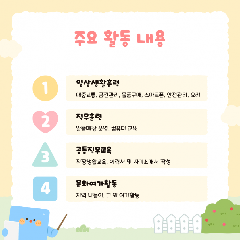 주요활동내용 1. 일상생활훈련: 대중교통, 금전관리, 물품구매, 스마트폰, 안전관리, 요리 2. 직무훈련: 알뜰매장 운영, 컴퓨터 교육 3. 공통직무교육: 직장생활교육, 이력서 및 자기소개서 작성 4. 문화여가활동: 지역나들이, 그 외 여가활동