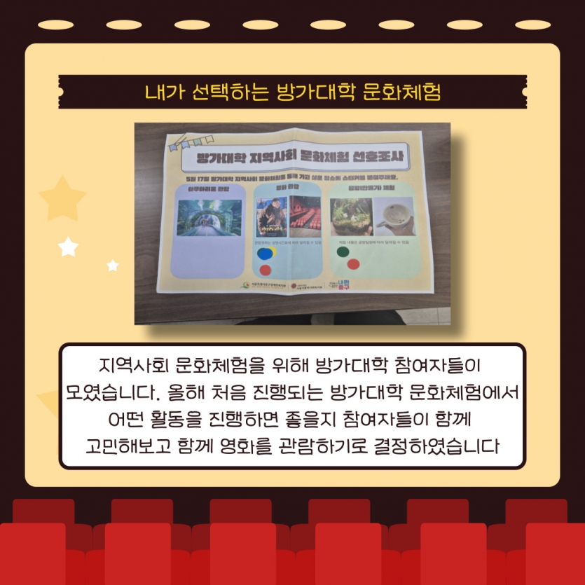 지역사회 문화체험을 위해 방가대학 참여자들이  모였습니다. 올해 처음 진행되는 방가대학 문화체험에서 어떤 활동을 진행하면 좋을지 참여자들이 함께  고민해보고 함께 영화를 관람하기로 결정하였습니다