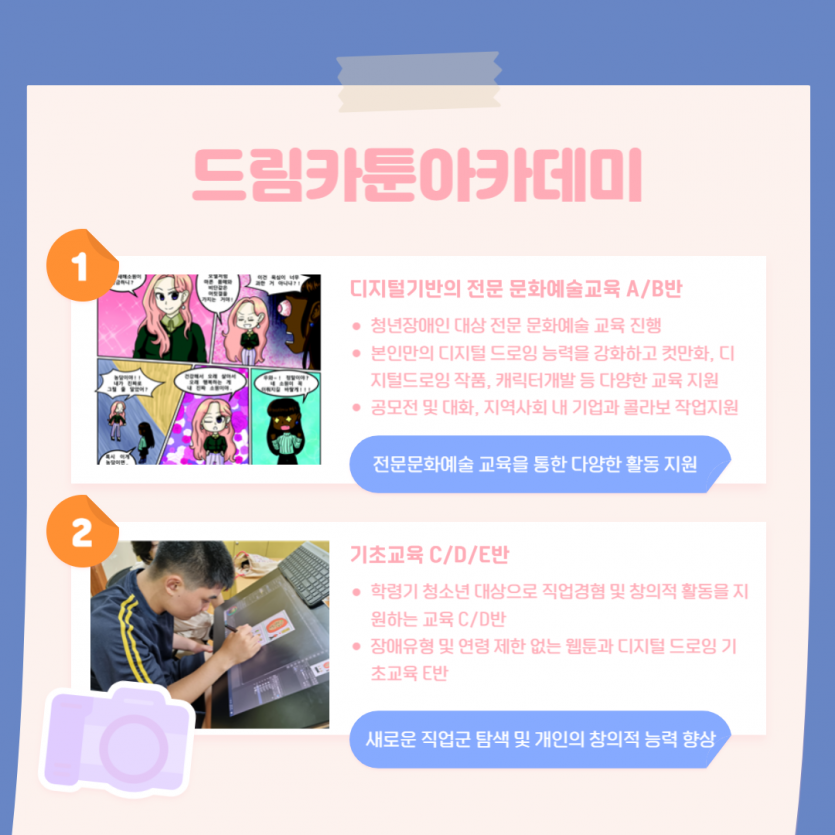 드림카툰아카데미 / 청년장애인 대상 전문 문화예술 교육 진행  본인만의 디지털 드로잉 능력을 강화하고 컷만화, 디지털드로잉 작품, 캐릭터개발 등 다양한 교육 지원 공모전 및 대화, 지역사회 내 기업과 콜라보 작업지원 / 기초교육c/d/e반 학령기 청소년 대상으로 직업경혐 및 창의적 활동을 지원하는 교육 C/D반  장애유형 및 연령 제한 없는 웹툰과 디지털 드로잉 기초교육 E반 운영 
