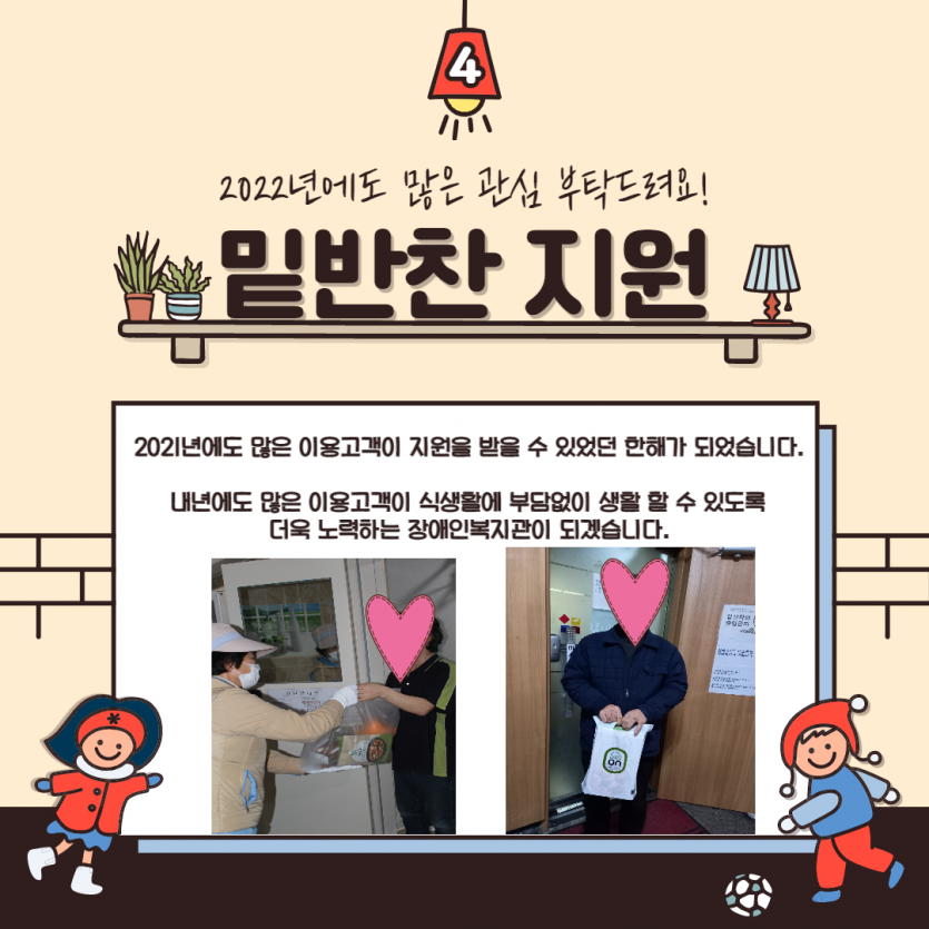 2022년에도 많은 관심 부탁드려요! 밑반찬 지원  2021년에도 많은 이용고객이 지원을 받을 수 있었던 한해가 되었습니다. 내년에도 많은 이용고객이 식생활에 부담없이 생활할 수 있도록 더욱 노력하는 장애인복지관이 되겠습니다.