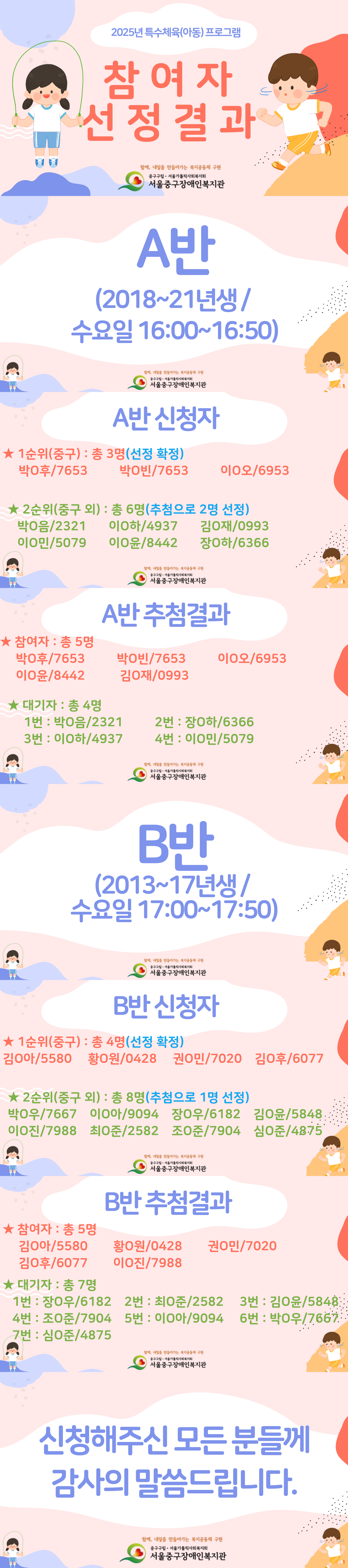 [추첨결과발표]2025 특수체육(아동) A, B반 참여자 선정결과 발표